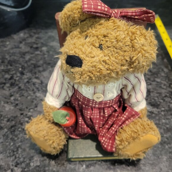 Vintage Teddy Bear Bookend - Red Gingham Dress & Bow Holding an Apple - Picture 2 of 16